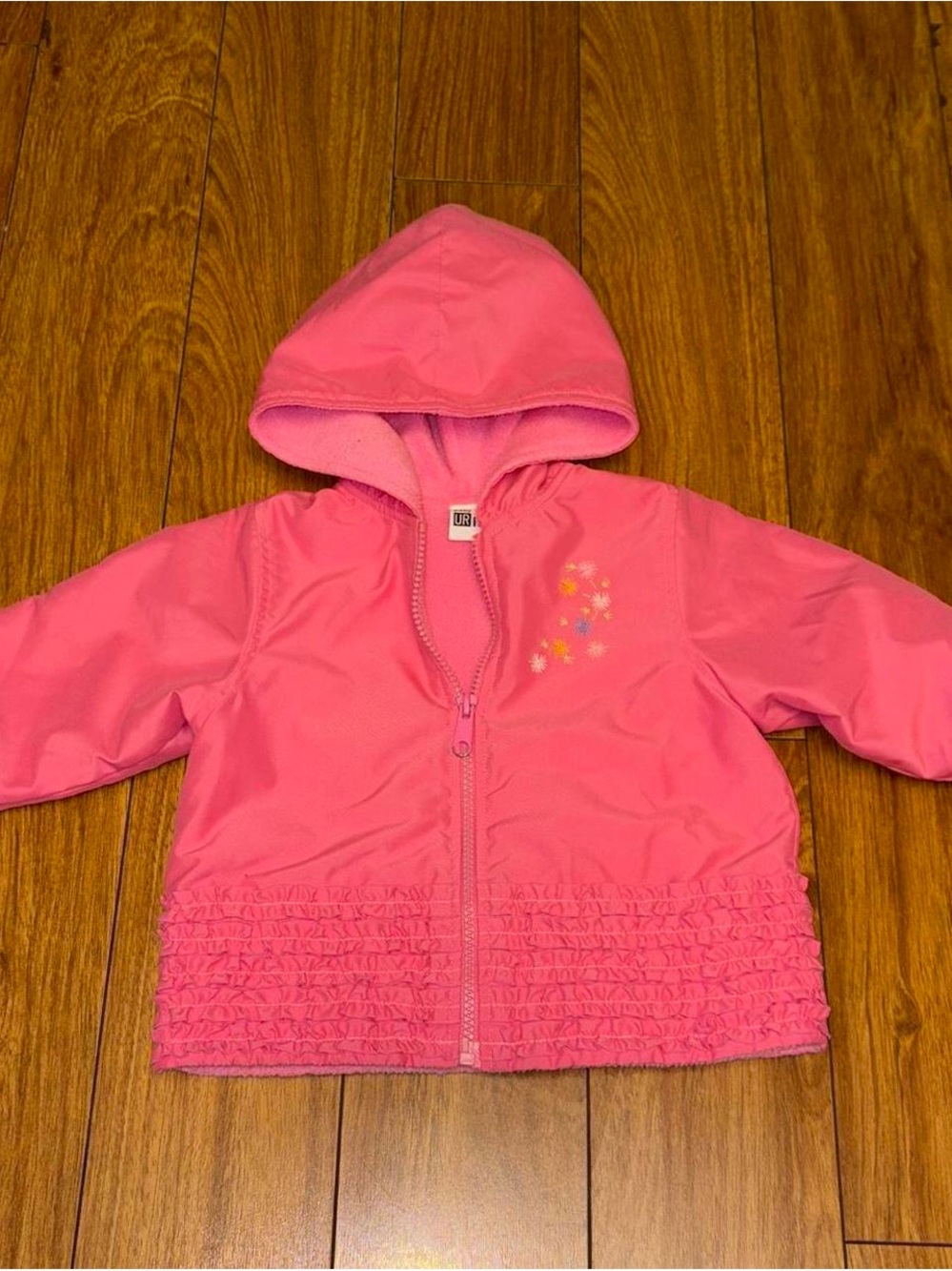 Pink Y2K rain jacket with ruffles and floral embroidery